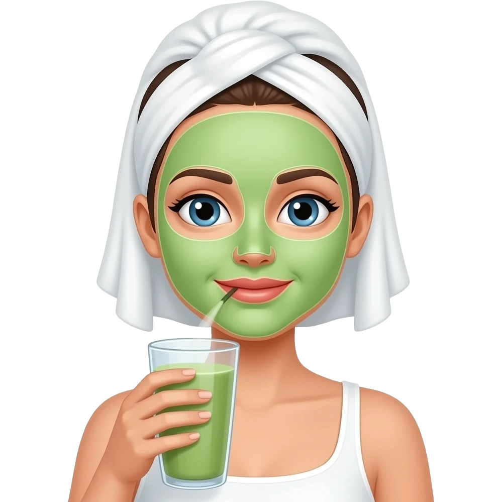 말차 라떼를 마시며 마스크팩을 하고있는 백인 여자 emoji