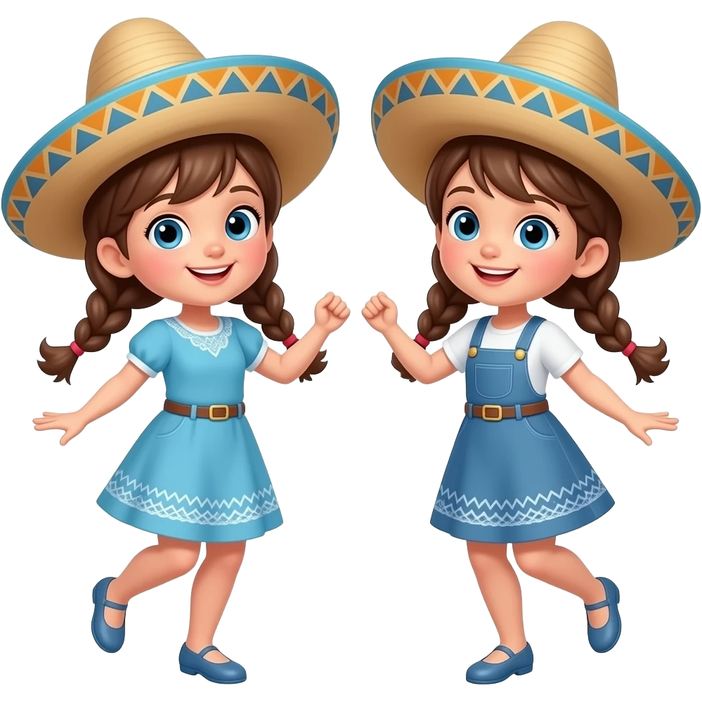 Two little white girls with brown hair and blue eyes dancing with sombreros on emoji