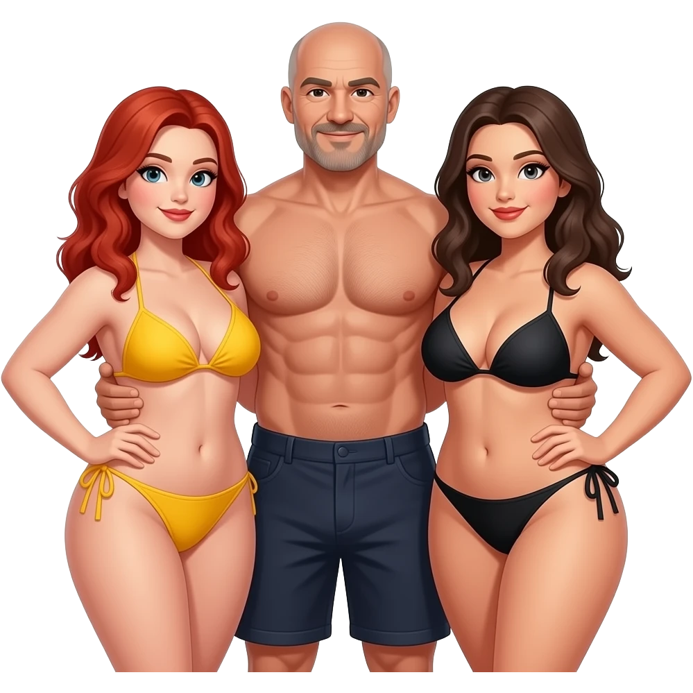Handsome, bald,  muscular man with goatee, age 57,  standing with arms around 2 very full figured curvy women in bikinis, redhead with yellow bikini and brunette black bikini with larger breasts emoji