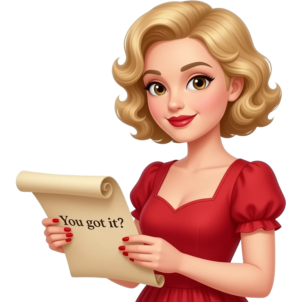 Short curly blond hair side swept Holding an open scroll saying you got it with red nail polish, brown lipstick and red vintage dress emoji