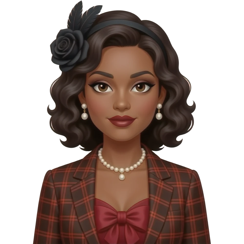 A medium shot of a stylish Black woman with dark wavy vintage curls, wearing a black feathered fascinator with a black rose, bold dark makeup, pearl jewelry, and a brown and red plaid blazer over a deep red satin top with a large bow. emoji