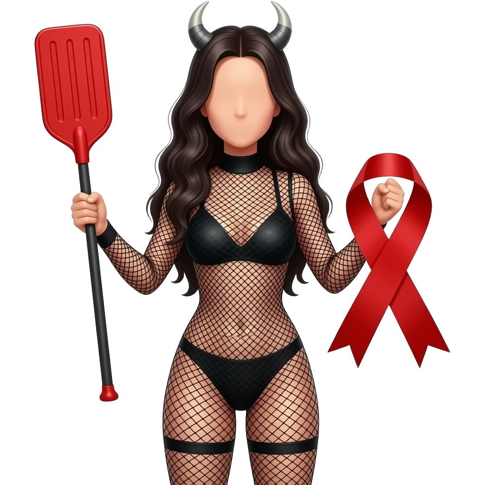 Woman with long dark hair, wearing a fishnet bull body suit,  holding a red  paddle in one hand, holding  a red  wide red ribbon in the other hand, (fullbody), highly detailed, hyper real, no mask, no face coverings emoji