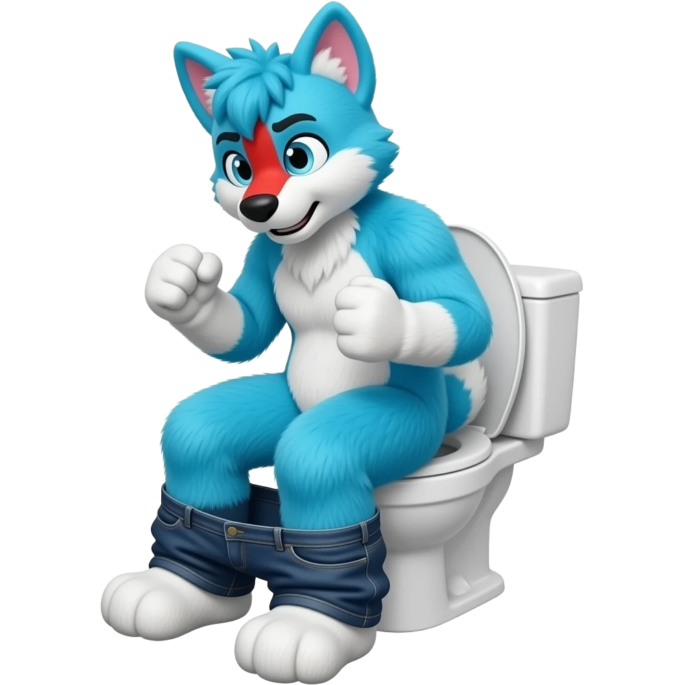 blue fursuit sitting on toilet, side view, pants down, straining, red face, both fists emoji