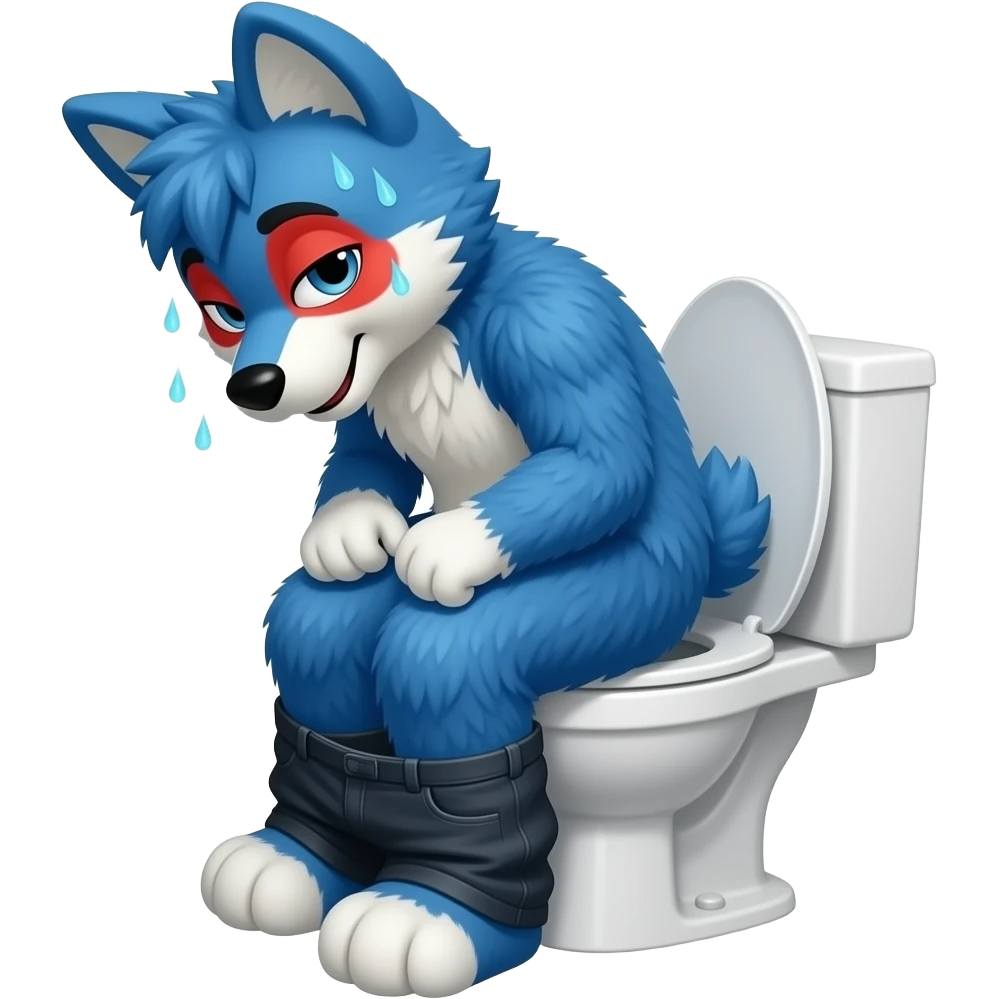 blue fursuit sitting on toilet, side view , pants down, pushing, sweating and red face emoji