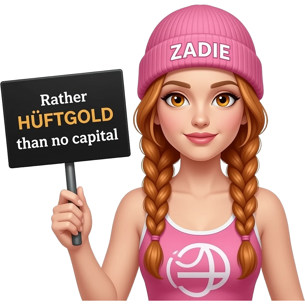 sexy girl with overlong ginger braids and ginger eyes wearing a pink tanktop and a pink beanie with ZADIE written on it, is holding a black sign with Lieber HÜFTGOLD als gar kein KAPITAL written on it emoji