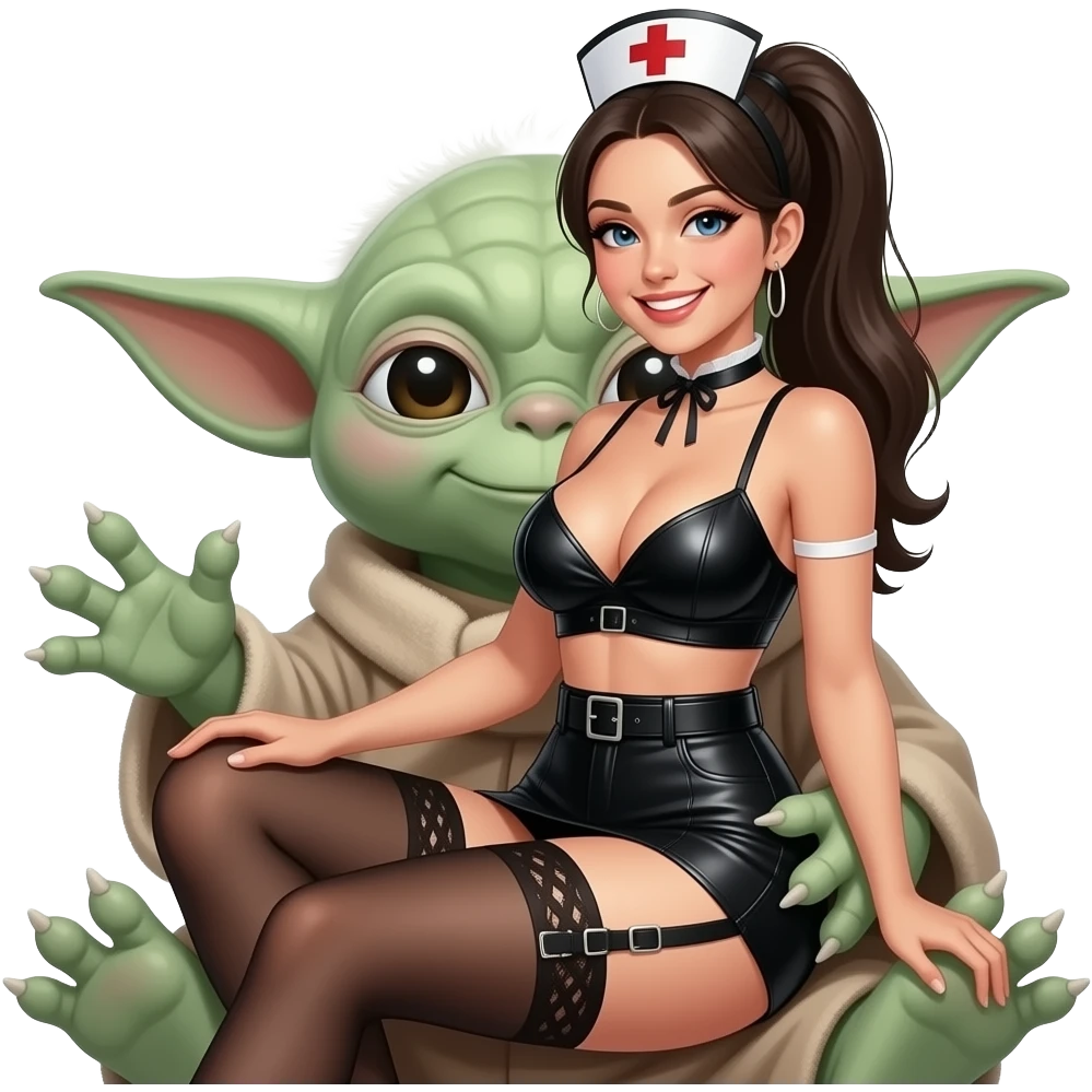 Pony tailed nurse with DD breasts, wearing string bikini, , in black leather 2 piece skimpy outfit, smiling with garter belt  and sitting on Yodas lap emoji
