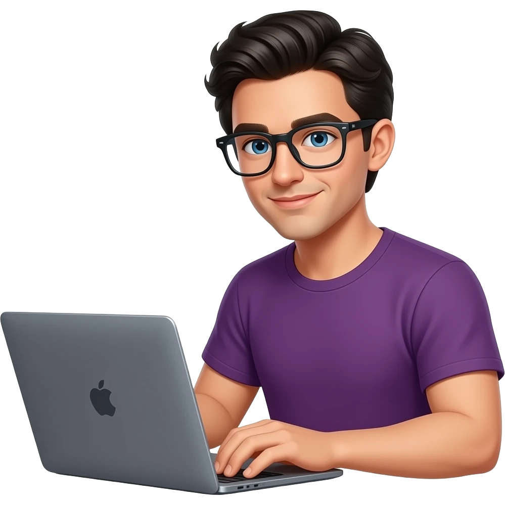 Create a emoji with a human (younger latin man, 30 yo with glasses rayban meta, black hair style as Timothée Chalamet) working with a laptop MacBook Pro 16" space gray. The color of his t-shirt will be #6729D8, not other color. emoji