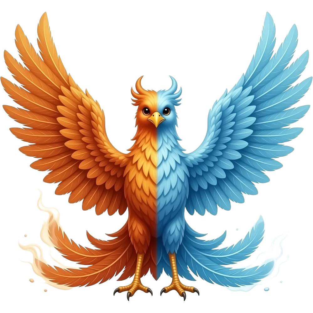 A realistic phoenix with long tail feathers made of Smoke on one side and Water on the other side facing the viewer. emoji
