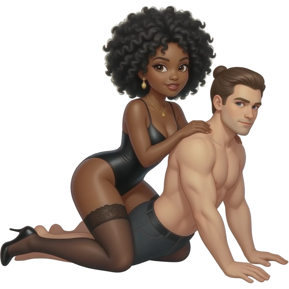A sexy black woman with black hair color Afro having sex with white man with brown hair short pony tail in missionary position emoji