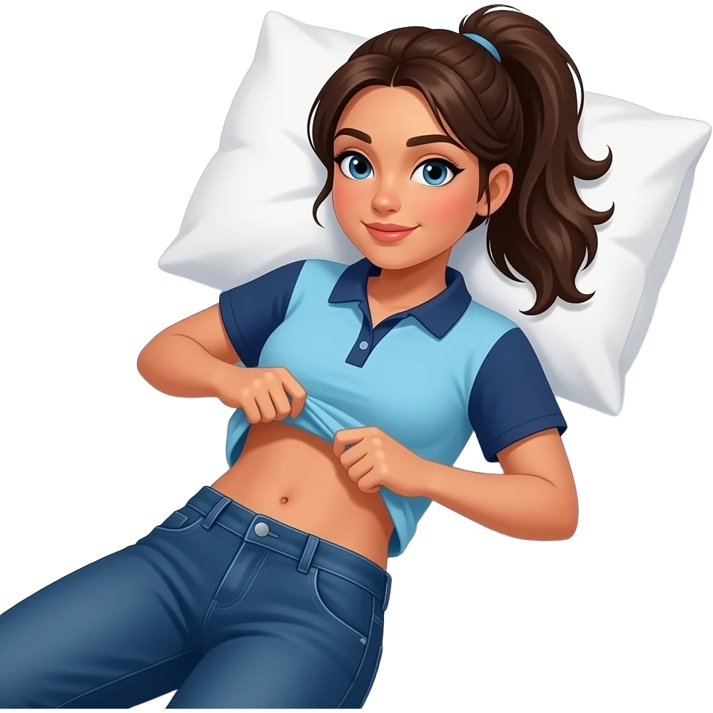 Hispanic girl with brown ponytail and blue eyes light blue and dark blue polo and dark blue baggy jeans and belly button laying down on her pillow on her bed lifting her shirt belly rolling emoji