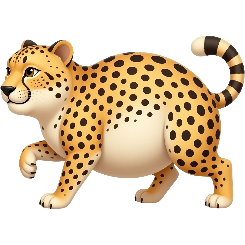 A strolling fat pot-belly cheetah,while being cheeky with her twerking butt,Her giant bulging sleek tummy is forever swinging & swaying sideways,she is so full that she wobbles,she is waddling from a big heavy belly,that cheetah ate way too much. emoji