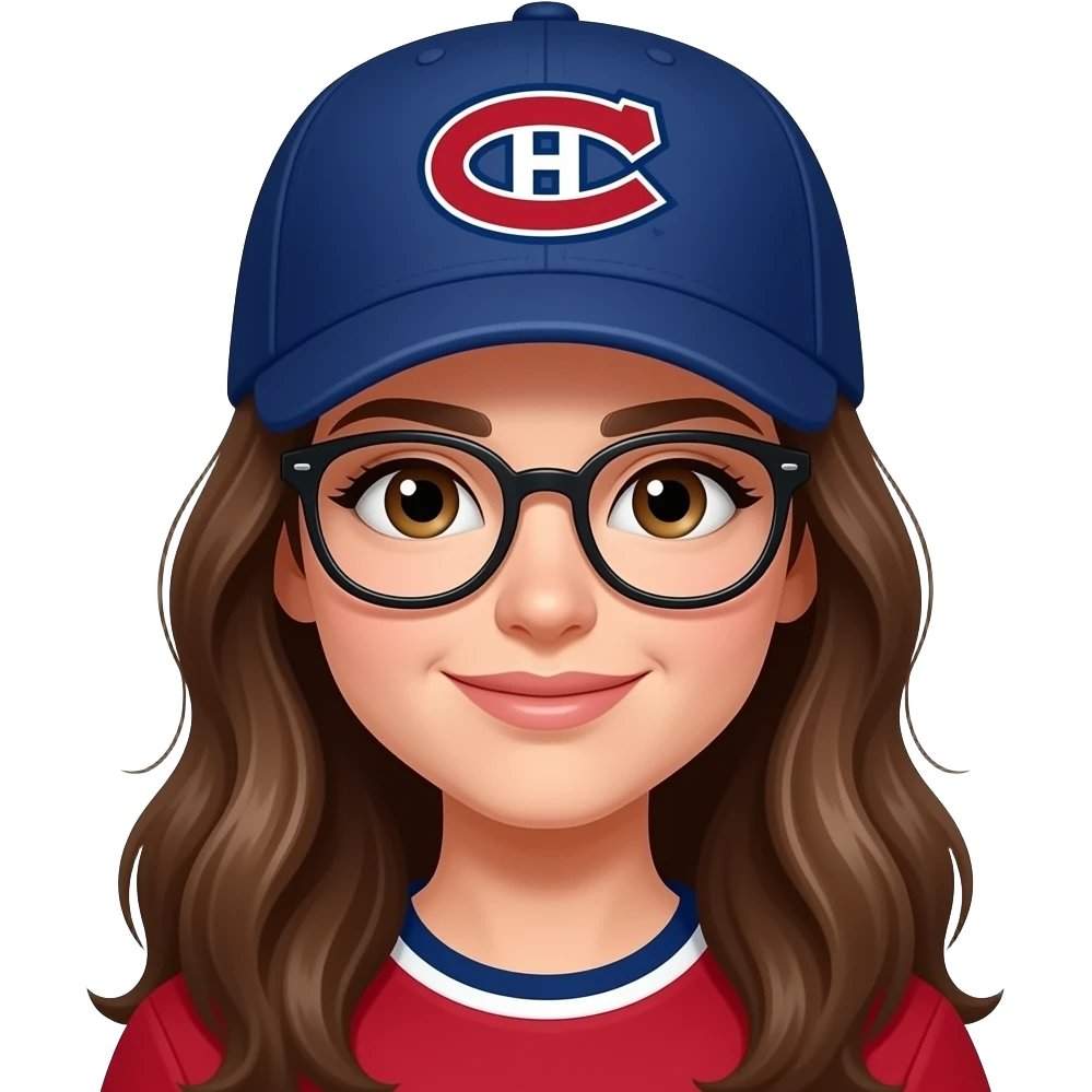 Brown eyed Woman with long brown hair, round glasses where Montreal Canadians cap emoji