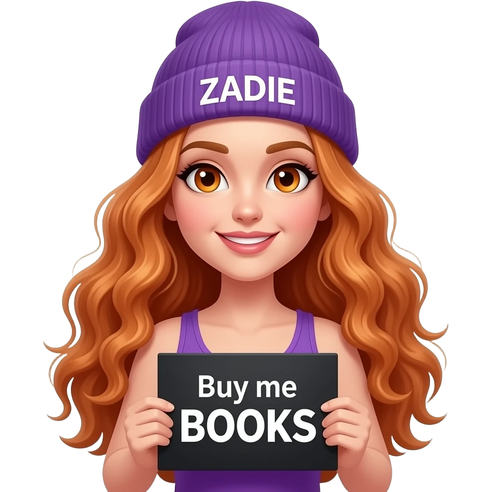 sexy girl with overlong wavy ginger hair and ginger eyes wearing a purple tanktop and a purple beanie with ZADIE written on it, is holding a black sign with Buy me BOOKS written on it emoji