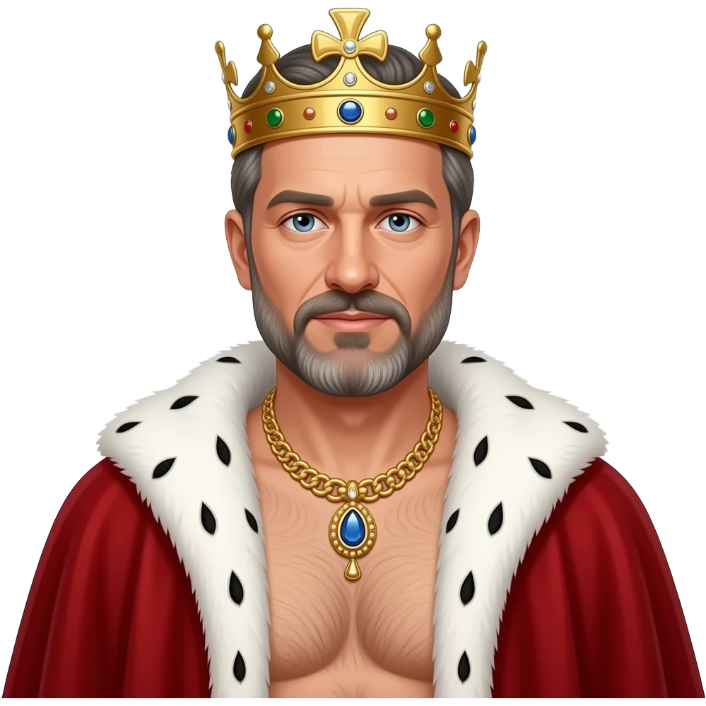 Portrait von einem König und die 40 mit leicht grauen Strähnen in den Haaren und Bart und Krone, er trägt eine prunkvolle Goldkette mit Edelsteinen um den Hals. Er hat kein Hemd an aber ein weit geöffneten roten samt Umhang mit weißen Pelz, Mann sieht seine männliche behaarter Brust und Körper. emoji