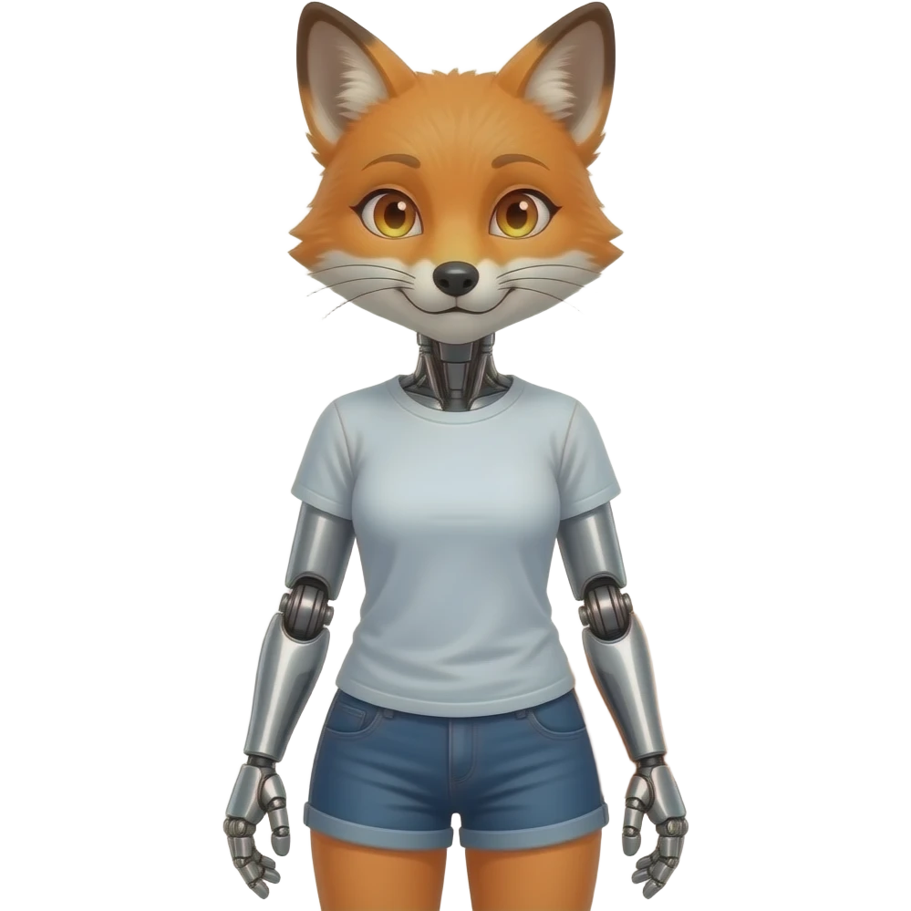 A humanoid robot female fox wearing a tee shirt and shorts emoji