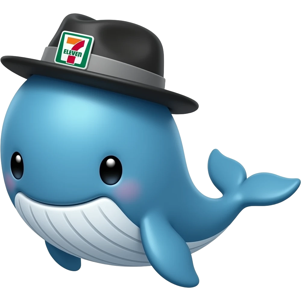 cartoonish blue Whale wearing a 7-eleven branded black and grey fedora emoji