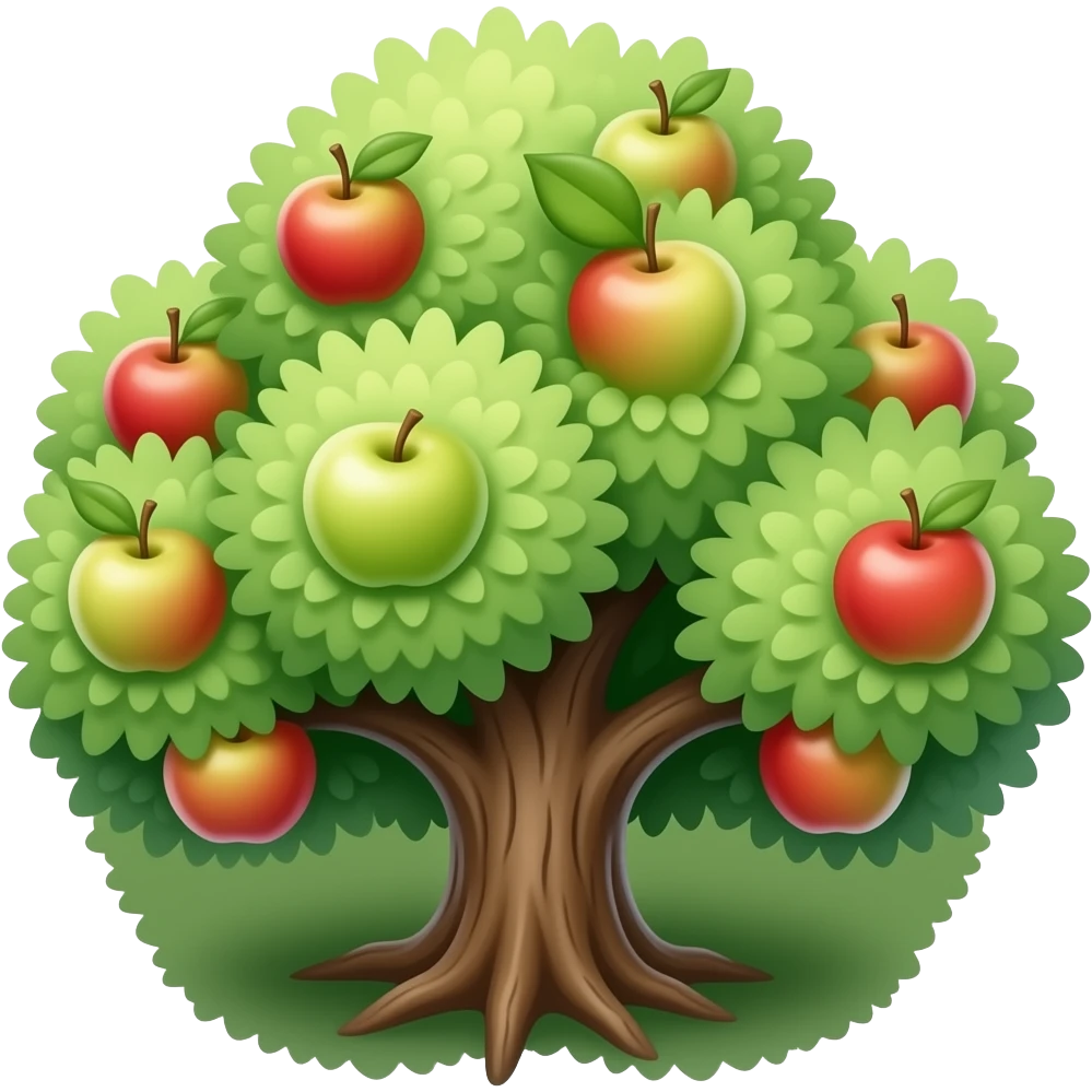 Create high-quality glossy emojis with a vibrant modern style.Make the emojis look premium, shiny, and eye-catching with bright highlights, smooth gradients, soft reflections, and glowing details. apple tree  emoji emoji