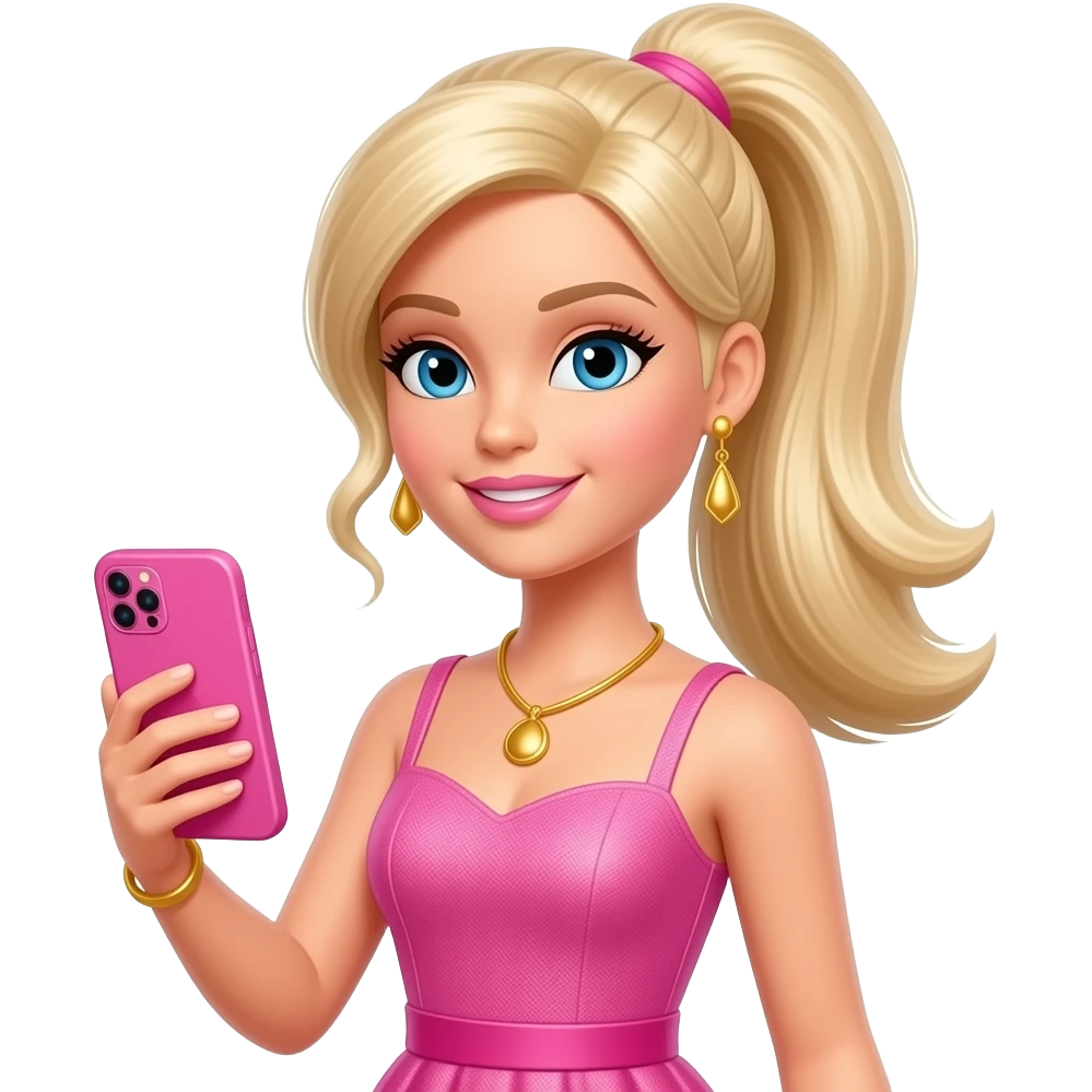 selfie a blonde Barbie with one pigtails, wearing a pink dress, holding a pink smartphone, and wearing gold jewelry emoji