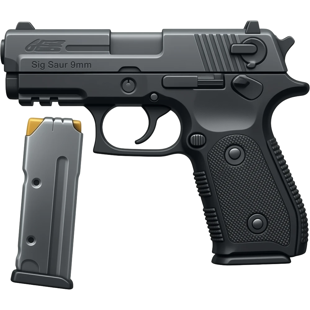 Make the sig saur 9mm pistol and add the name "Sig Saur 9mm" on the barrel . Make the name darker.  Make an extended clip hanging below the gun grip. Get rid of the clip not in the gun. Do not show a clip out of the gun. Get rid of the clip emoji