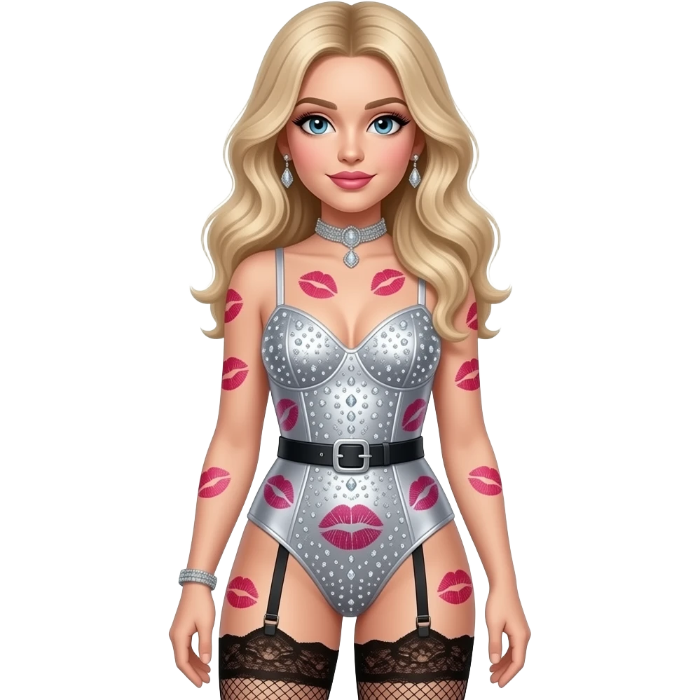 Sabrina Carpenter blonde hair  is wearing a custom  silver bodysuit with 💋 all over it adorned with shimmering crystals. The look is elevated by matching lace-top stockings and a garter belt. Lashes and soft pink lip emoji
