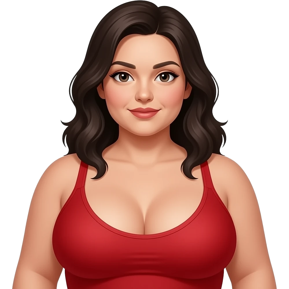 Heavyset dark haired woman with very large breasts covered by revealing tight red top emoji