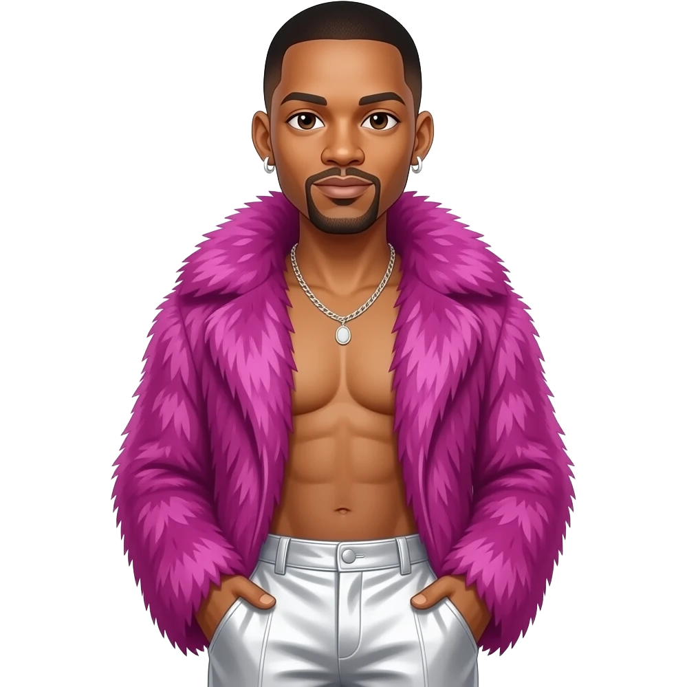 Will Smith with brown eyes, black buzz cut hair, fuchsia fur shawl, white metallic baggy pants, shirtless with necklace and earrings emoji