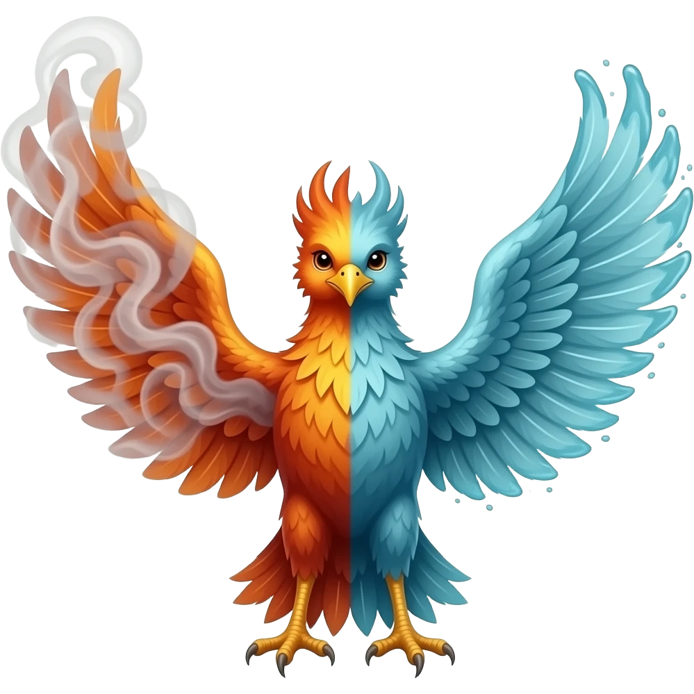 A realistic phoenix made of smoke on the left side and water on the other side facing the camera emoji
