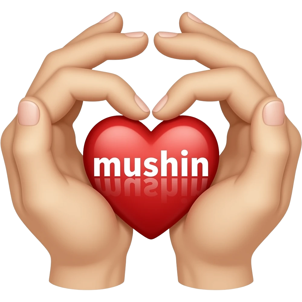 A two hand heart that actually has a heart that is red inside of it and the word mushin reversed out in white emoji