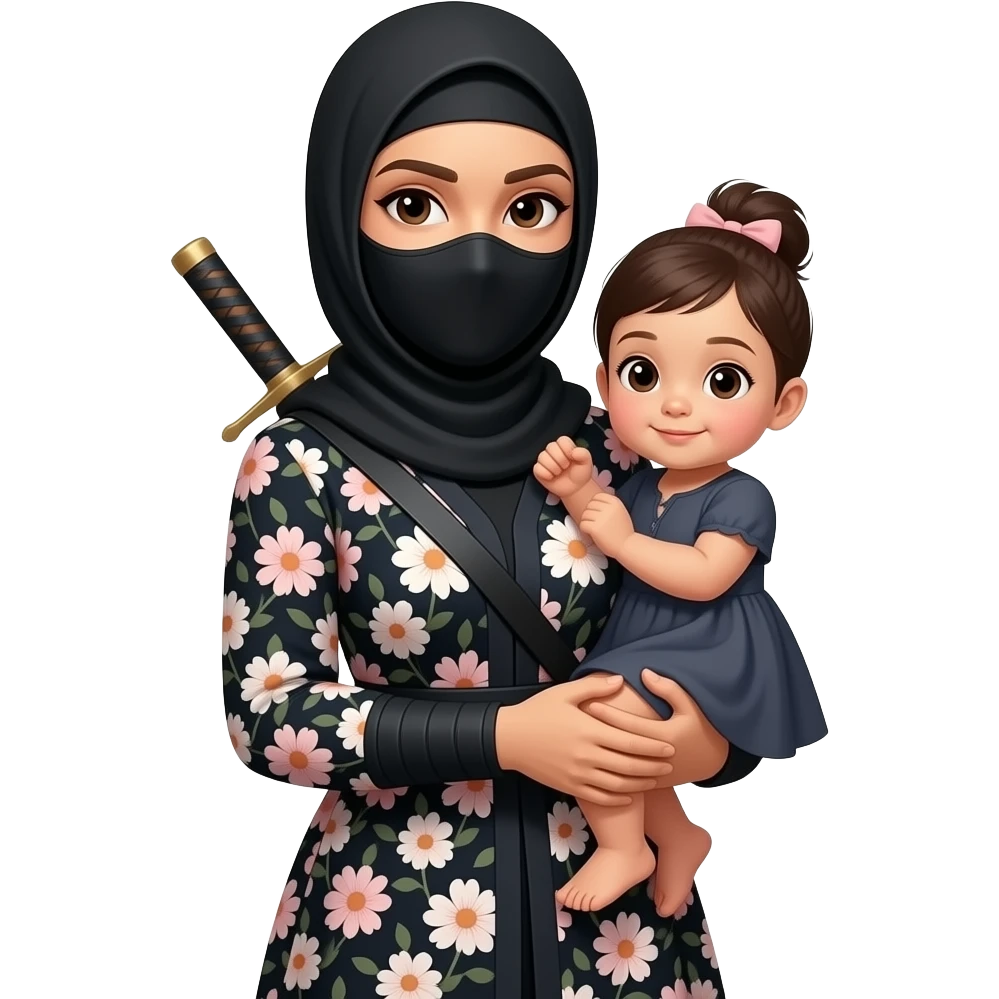 ام محجبة  و منقبة مثل نينجا ترتدي فستان انيق مع زهور في الفستان   مع طفلة رضيعة ترتدي فستان emoji