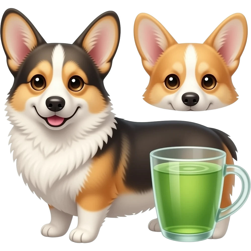 tricolor corgi with green tea emoji