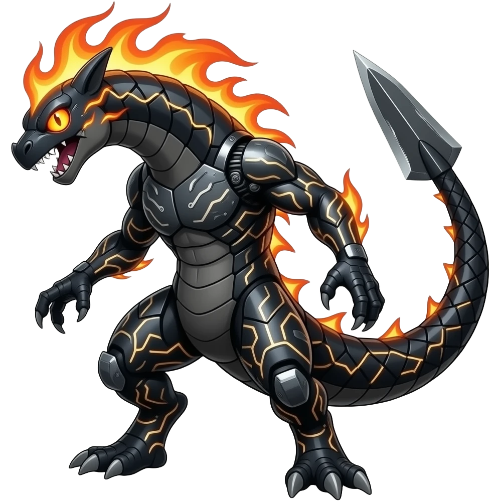 Cool edgy fiery electrical scaly cybernetic cyclop-visor-eyes, Circuitry-patterned black-scaled digitigrade futuristic fantasy-Cyberpunk-Steampunk-Solarpunk-Sharpedo-Garchomp-Genesect-Cyclizar-Salandit-Protogen-Fakémon-hybrid, tail blade, back spikes emoji