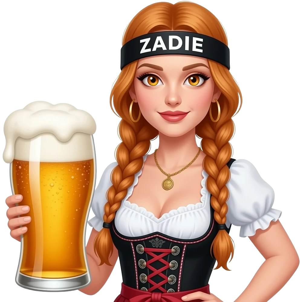 sexy girl with overlong ginger braids and ginger eyes wearing a black dirndl and a black headband with ZADIE written on it, is holding a mass beer emoji