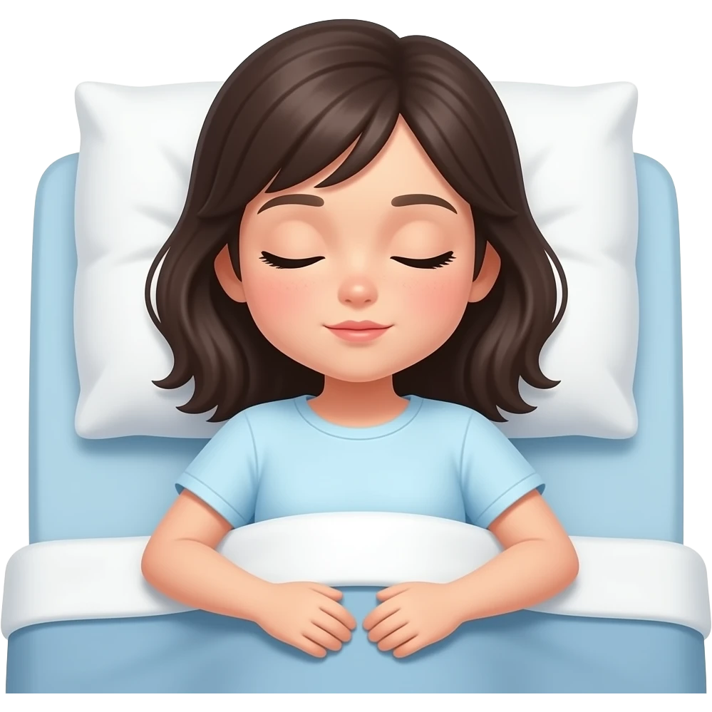 a girl with dark hair in a T-shirt sleeps in white pillows and a light blue bedspread emoji