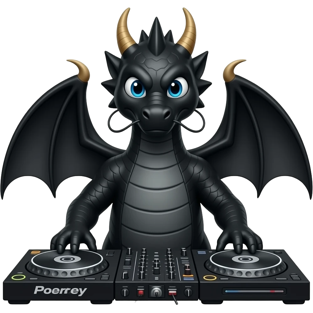 ancient Black dragon DJ, highly detailed, hyper real, DJ Deck, facing forward emoji