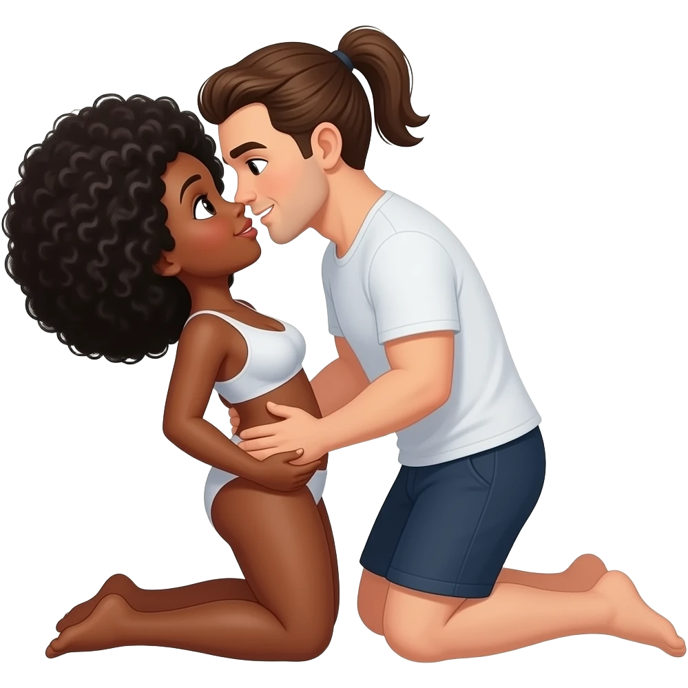 A black woman with black hair color Afro having sex with white man with brown hair pony tail in missionary position emoji
