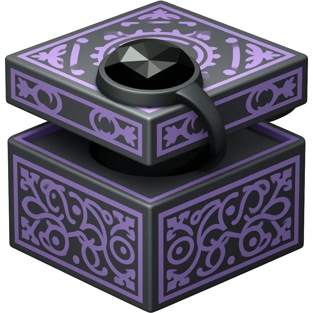 A woman's obsidian gem black ring in a black box with purple ornate trim emoji