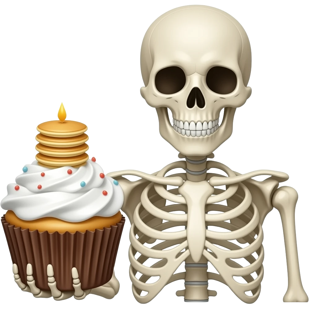 Skeleton holding cupcake with a stacks of pancakes on top emoji