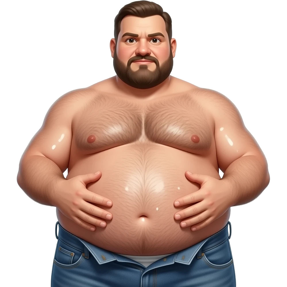 Nahaufnahme eines sehr fetten behaarten Mannes der nur eine offene Jeans trägt. Seine Haut ist ölig glänzen und er hält mit beiden Händen von unten sein dicken runden Bauch fest emoji