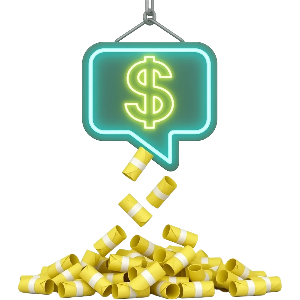 Rolled wads of money falling in a line down and out from a money sign up high emoji