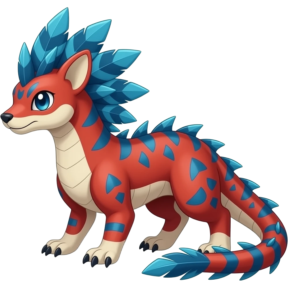 scaly shiny feather-maned spiky patterned tribal-patterned digitigrade quadrupedal Red and blue Vaporeon-Salandit-hybrid emoji