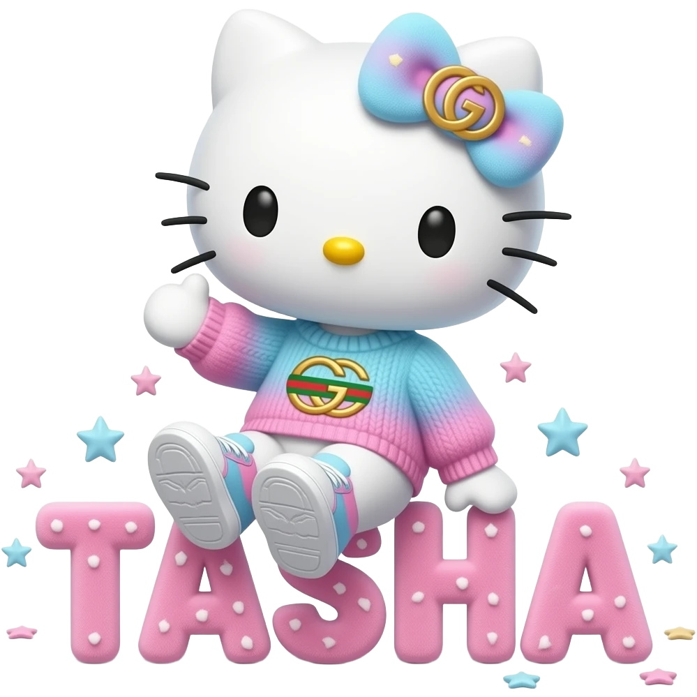4D Velvety fur hello kitty wearing ombre white and blue and pink ombre pastel colored sweater and sneakers, and with the Gucci symbol on her ombre pastel bow sitting sideways leaning back on top of the velvety 3D outlined letters TASHA surrounded with tiny ombre pastel stars made of candy emoji