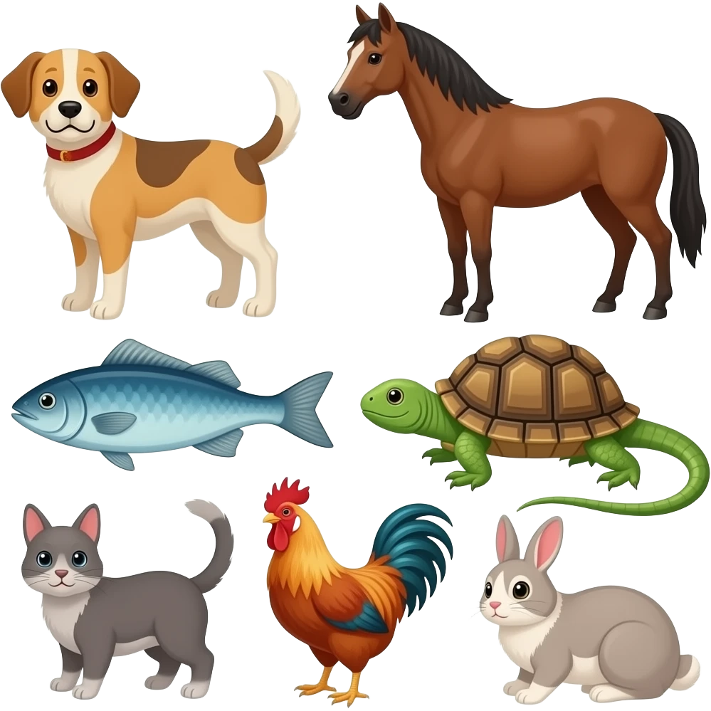 cats dogs horses fish tortoises lizards chickens and rabbits emoji