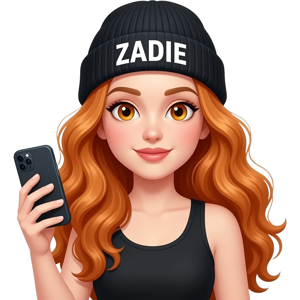 sexy girl with overlong wavy ginger hair and ginger eyes wearing a black tanktop and a black beanie with ZADIE written on it, is holding a cell phone emoji