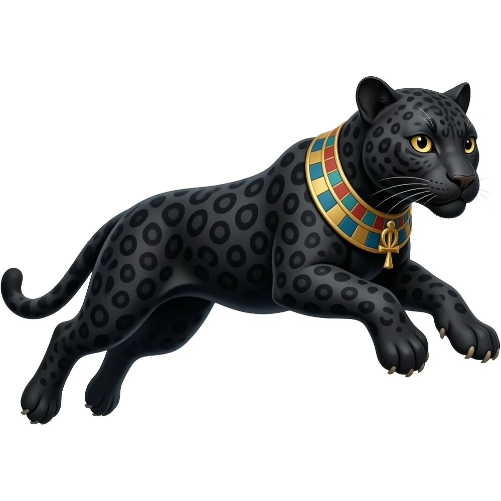 an egyptian black panther leaping with dark grey markings in its black fur and golden yellow eyes. an ankh necklace around its neck emoji