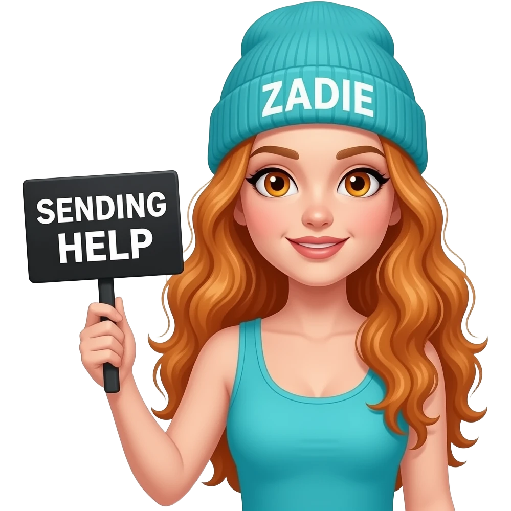 sexy girl with overlong wavy ginger hair and ginger eyes wearing a turquoise tanktop and a turquoise beanie with ZADIE written on it, is holding a black sign with SENDING HELP written on it emoji