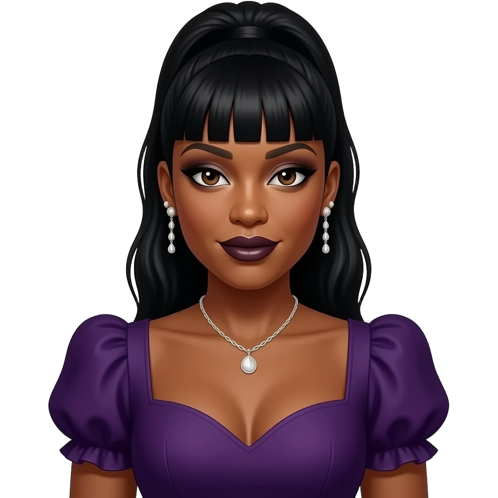 Missy Elliott with dark brown eyes, long black high ponytail hair with bang, black eyeshadow and lipstick, dark purple sweetheart blouse, necklace and earrings emoji