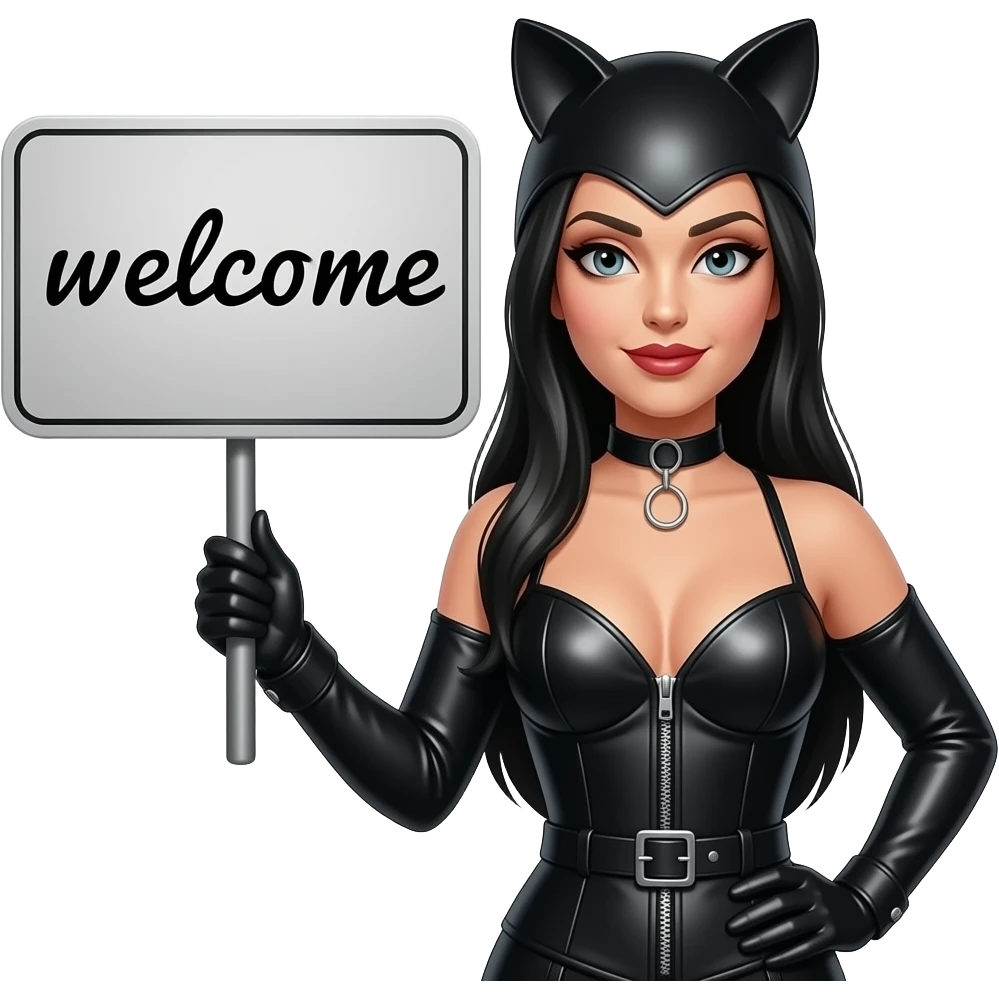Make a picture of a domme holding a sign "welcome" emoji