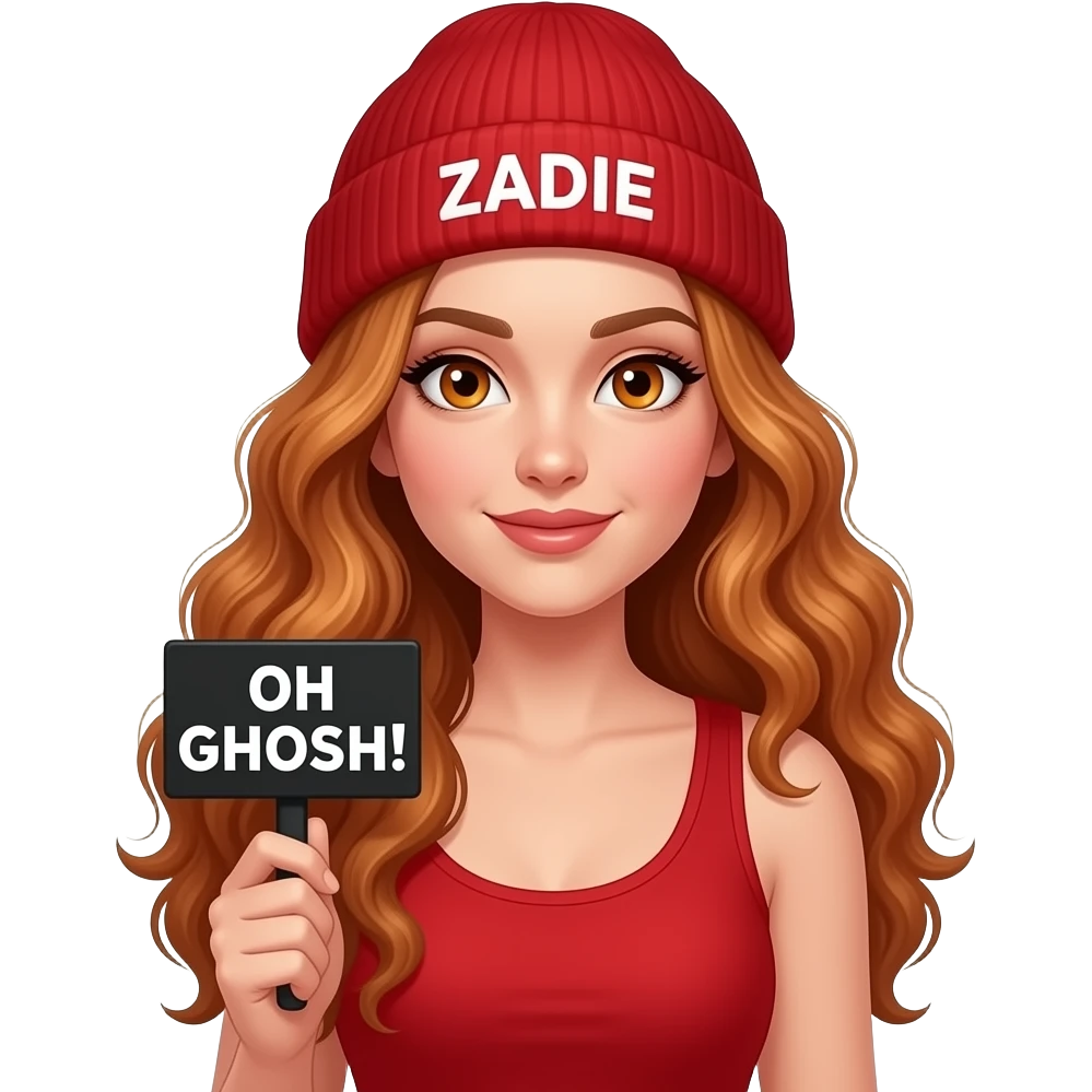 sexy girl with overlong wavy ginger hair and ginger eyes wearing a red tanktop and a red beanie with ZADIE written on it, is holding a black sign with OH GHOSH! to me written on it emoji