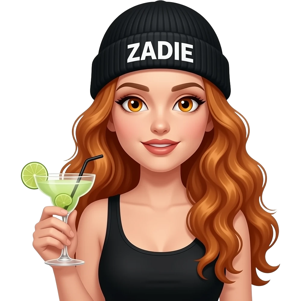sexy girl with overlong wavy ginger hair and ginger eyes wearing a black tanktop and a black beanie with ZADIE written on it, is holding a Caipirinha emoji