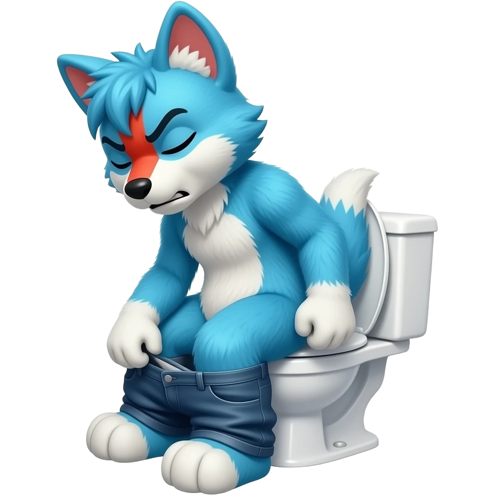 blue fursuit sitting on toilet, side view , pants down, pushing, eyes closed, straining face,  uncomfortable, red face, angry emoji